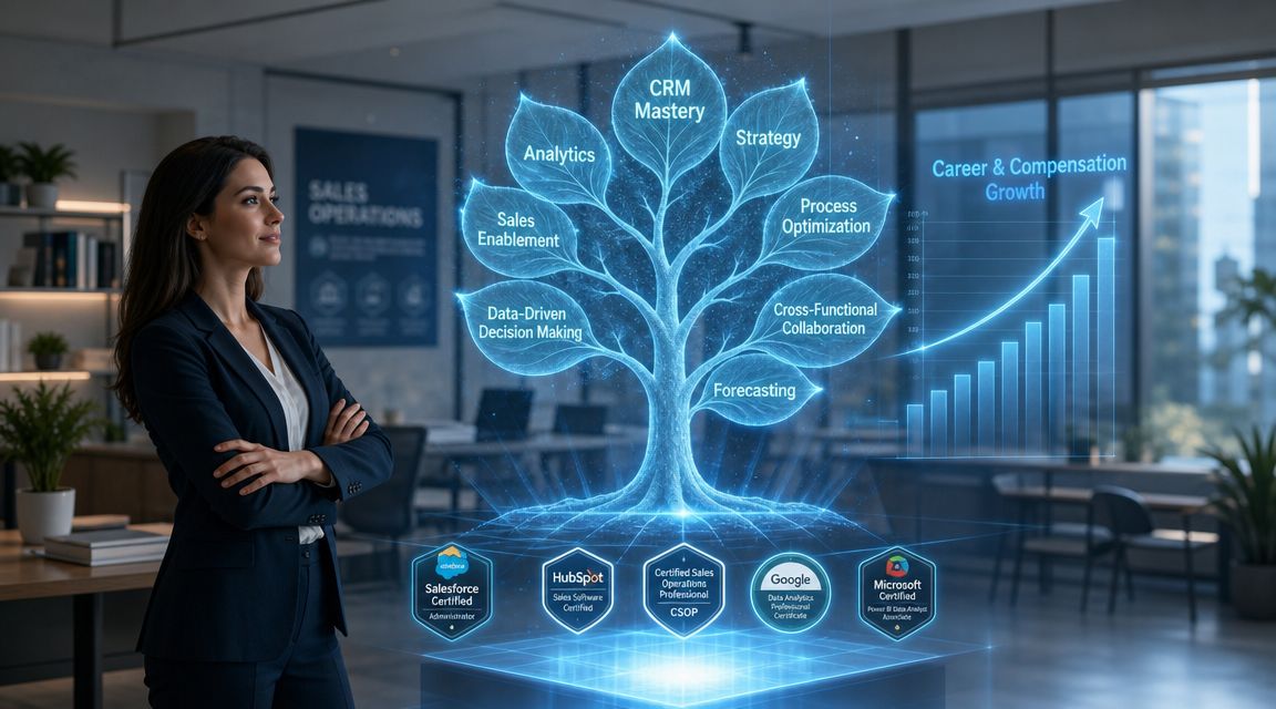 A professional sales operations manager viewing a digital tree representing career growth, skill development, and professional certifications.