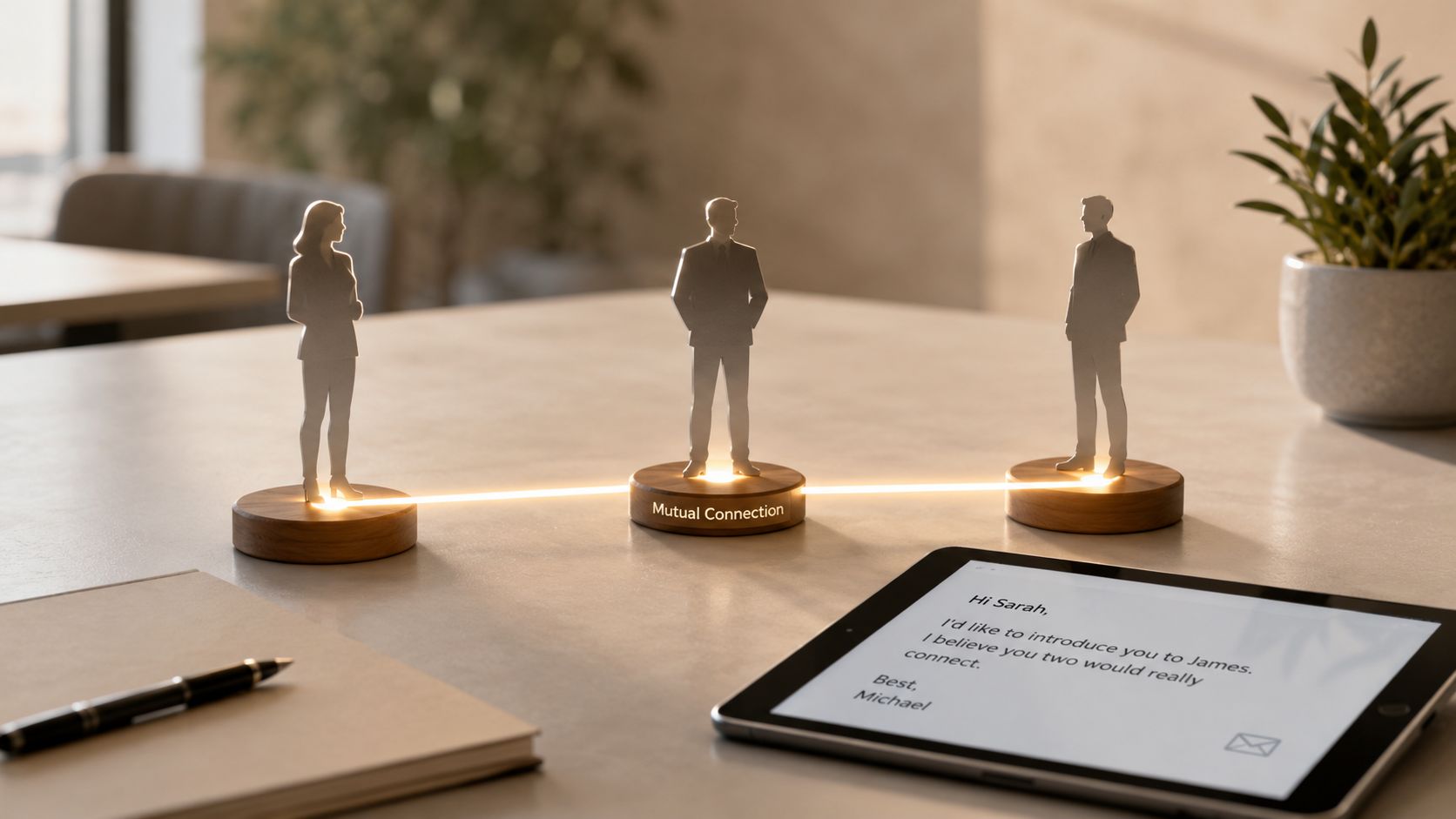 Three stylized figures connected by glowing light representing professional networking and a digital introduction on a tablet.