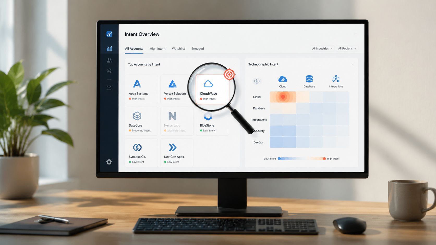 A computer monitor displaying a sales intent dashboard with analytics and account data on a wooden desk.