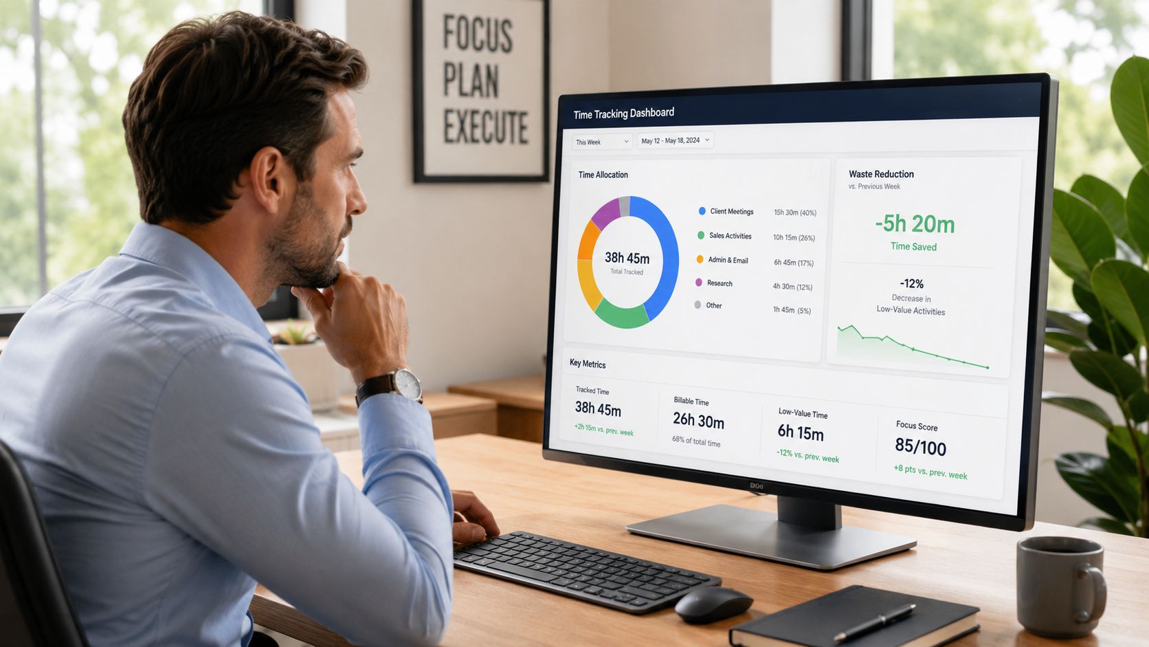 A professional man looking at his computer monitor displaying a comprehensive time tracking dashboard for productivity.