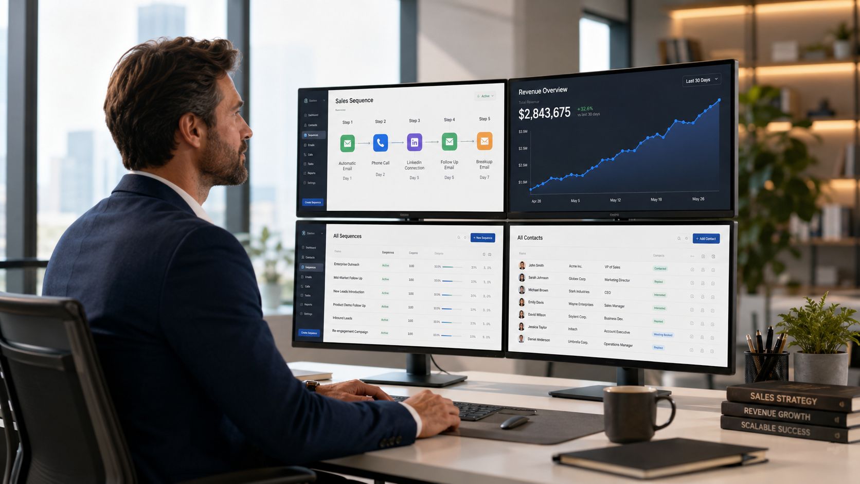 A professional sales representative working on a desk with dual monitors displaying business CRM software data.