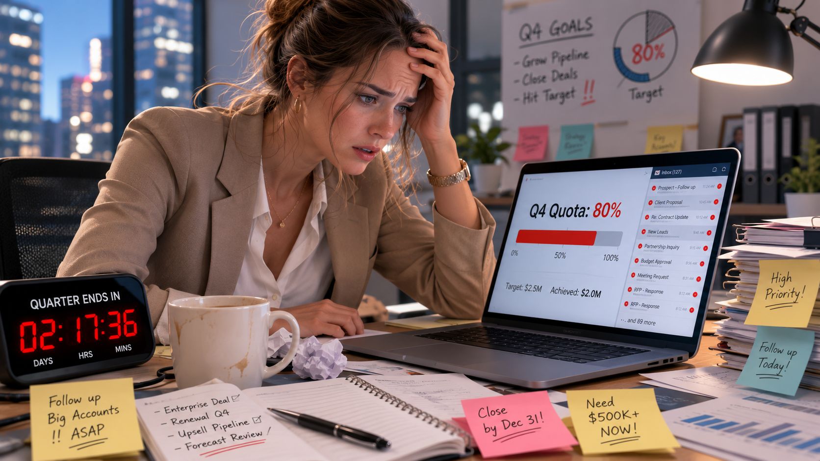 Stressed business woman looking at a laptop showing sales quota while working late in her office.