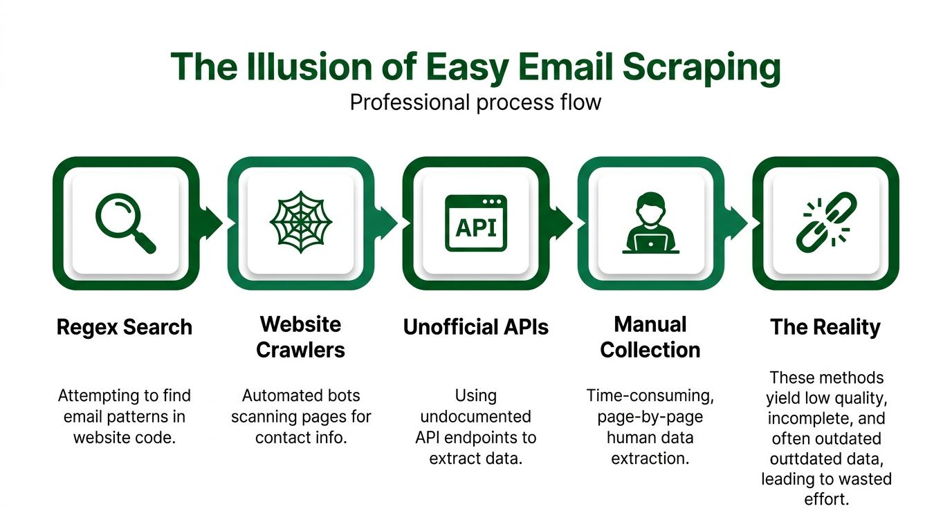 A process flow chart illustrating the ineffective methods and challenges of scraping email addresses from websites.