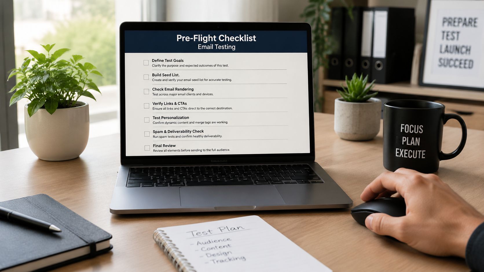 A person using a laptop to review an email pre-flight checklist in a productive office workspace.