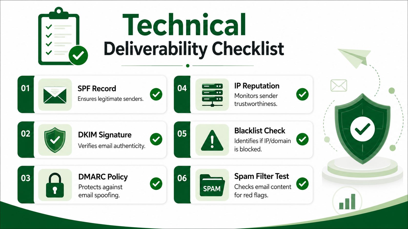 A checklist infographic illustrating six technical requirements to improve email deliverability and sender reputation.