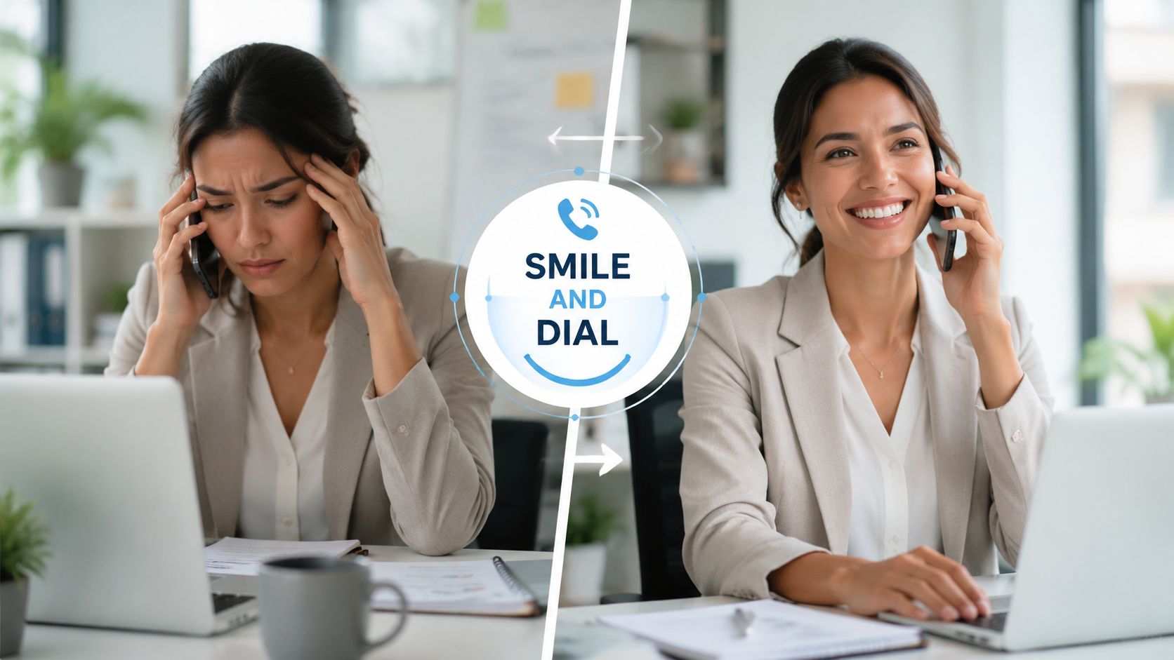 A split-screen comparison showing a stressed businesswoman on the left and a smiling, productive businesswoman on the right.