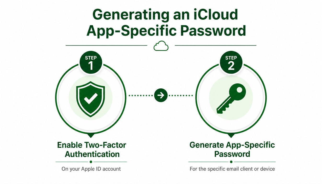 A two-step infographic explaining how to generate an iCloud app-specific password for third-party email clients.
