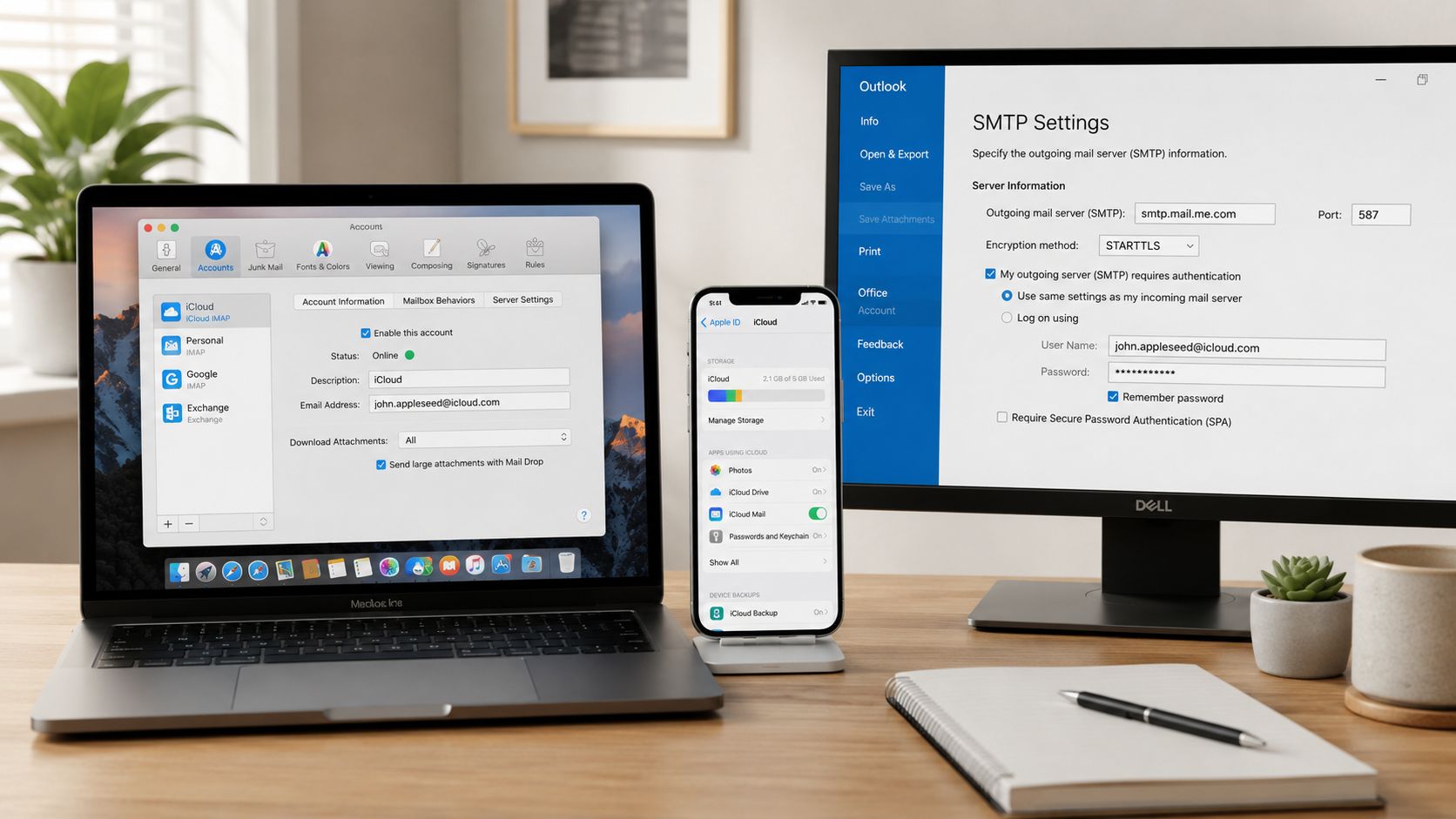 A workspace featuring a laptop, smartphone, and desktop monitor displaying various email account and SMTP server settings.
