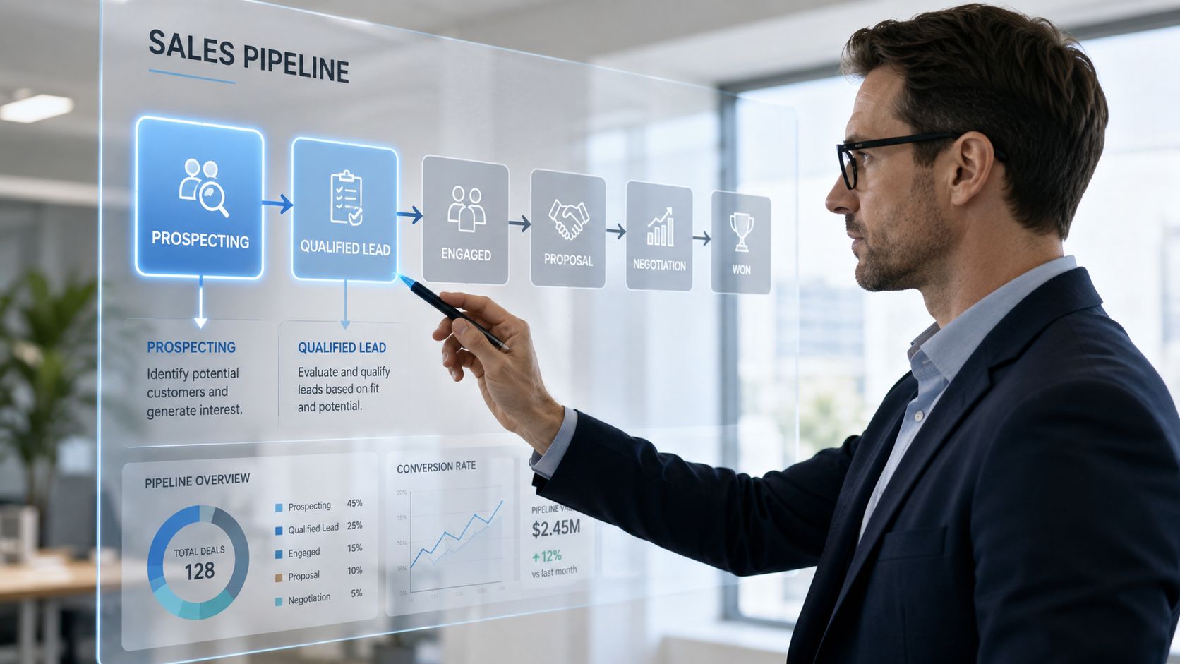 A professional man interacting with a digital holographic sales pipeline interface displaying business metrics and stages.