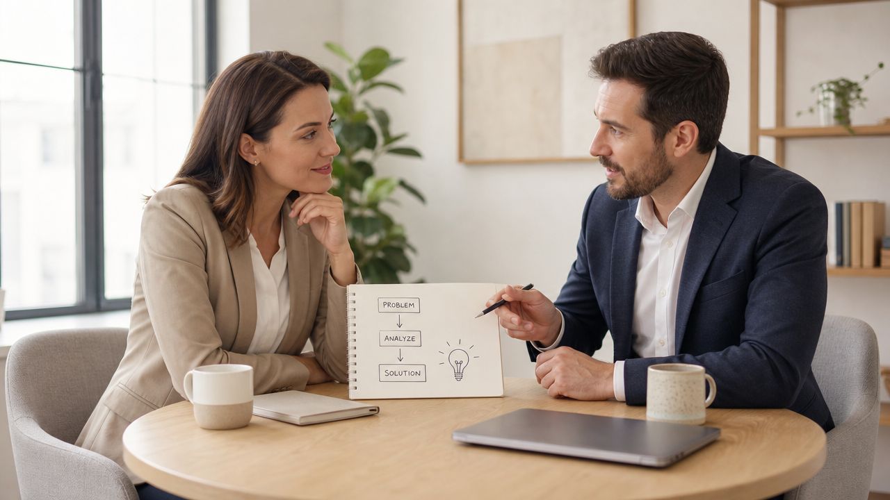 A professional man and woman discussing a business strategy diagram at a circular wooden office table.