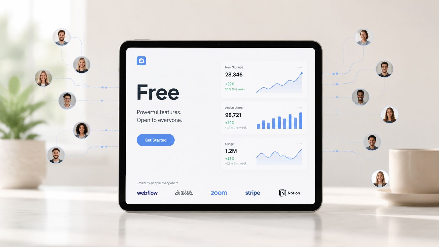 A digital tablet displaying a free service dashboard with user statistics and business connection networks.