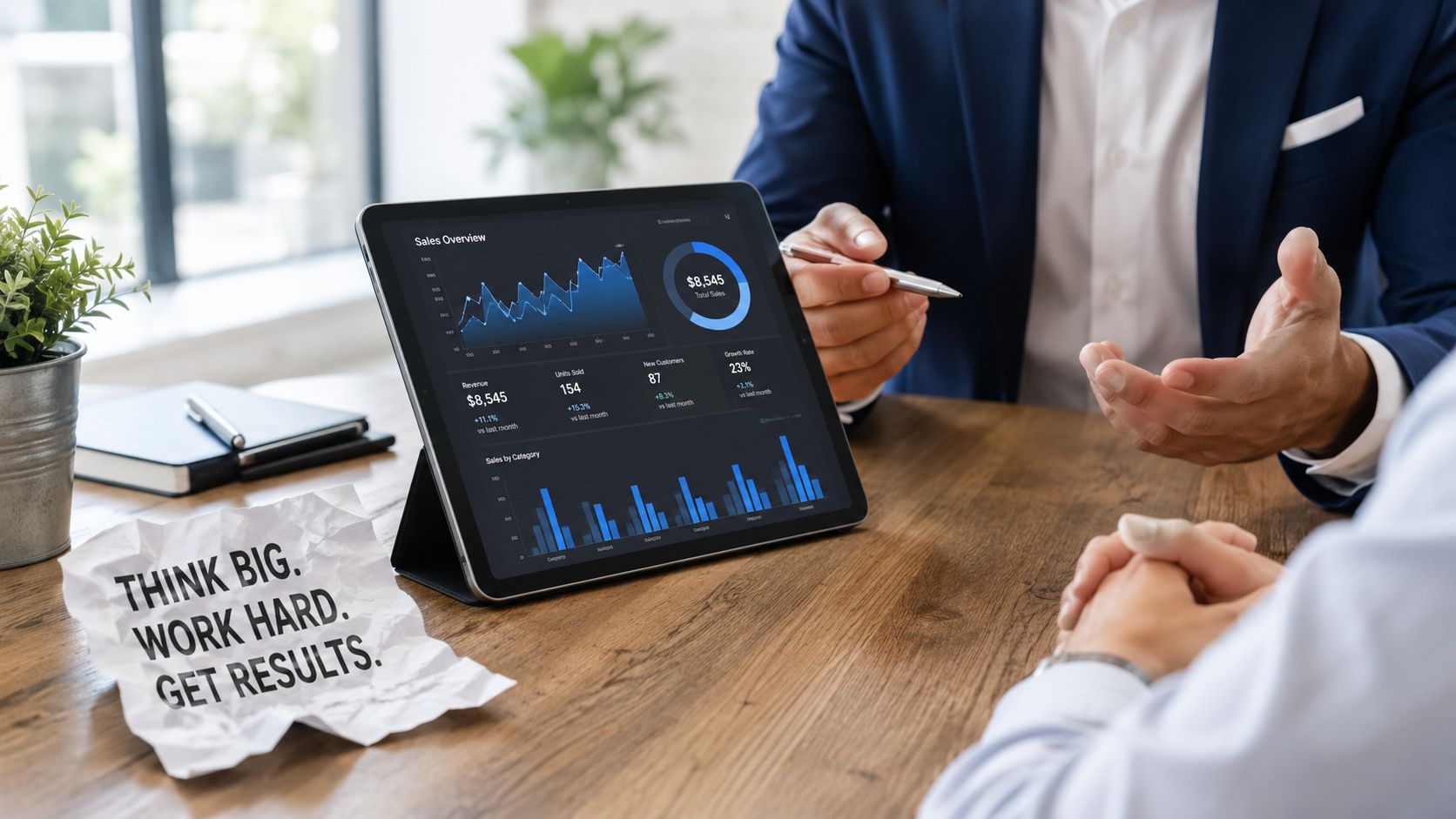 A professional business meeting featuring a tablet showing sales analytics and a crumpled note with motivational text.