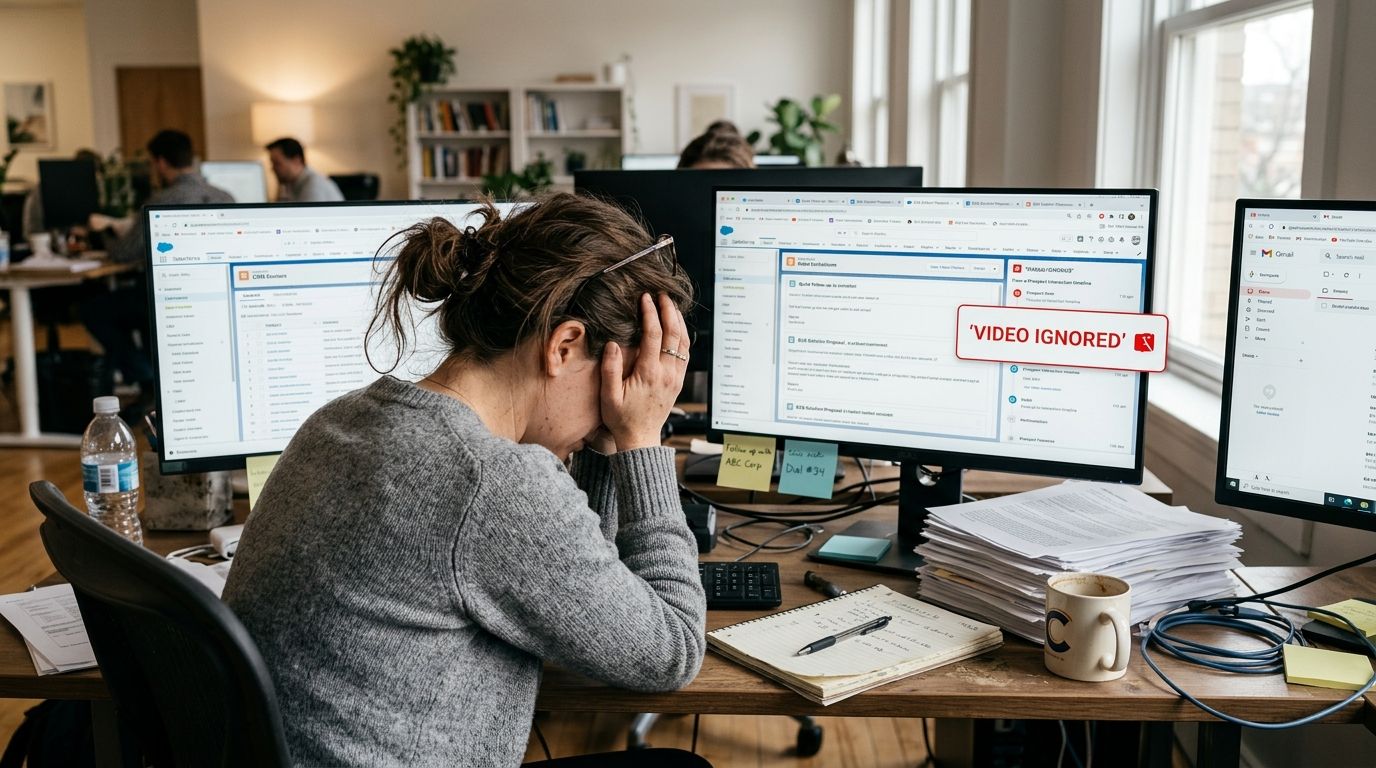 A woman at her desk looking overwhelmed with her head in her hands amidst office work.