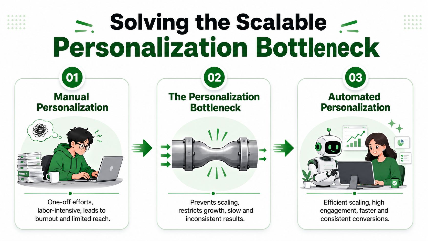 A diagram illustrating the transition from manual, labor-intensive personalization to efficient, automated personalization using AI technology.
