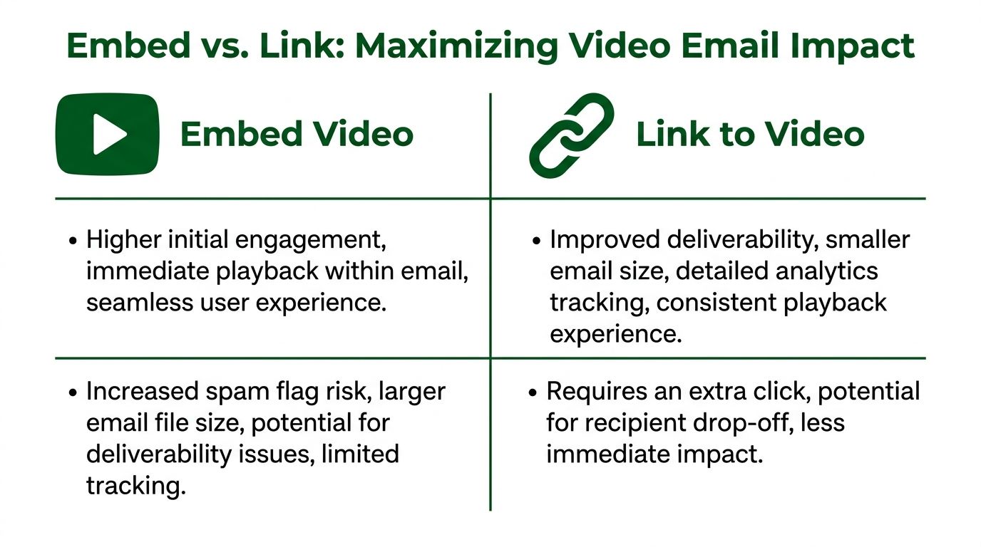 A comparison chart highlighting the advantages and disadvantages of embedding videos versus linking them in emails.