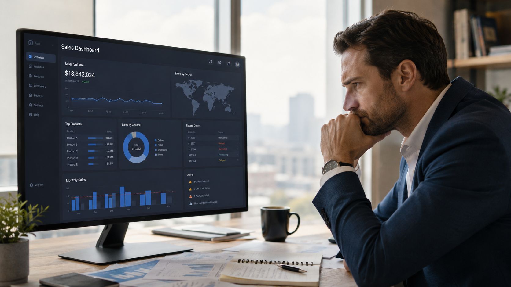 A professional man sitting at his desk analyzing complex sales data on a large computer monitor screen.