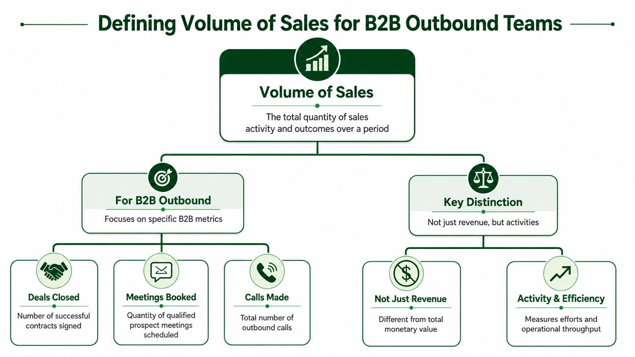 A diagram outlining the defining metrics of sales volume for B2B outbound sales teams and activities.
