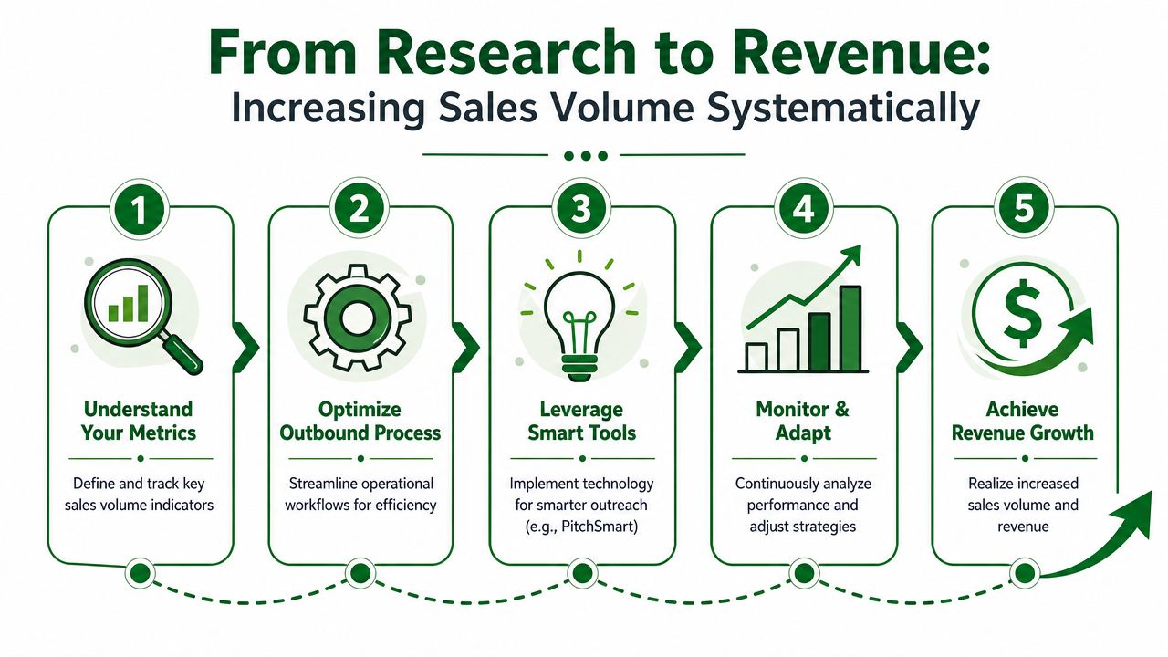A step-by-step infographic illustrating five stages to systematically increase business sales volume and revenue growth.