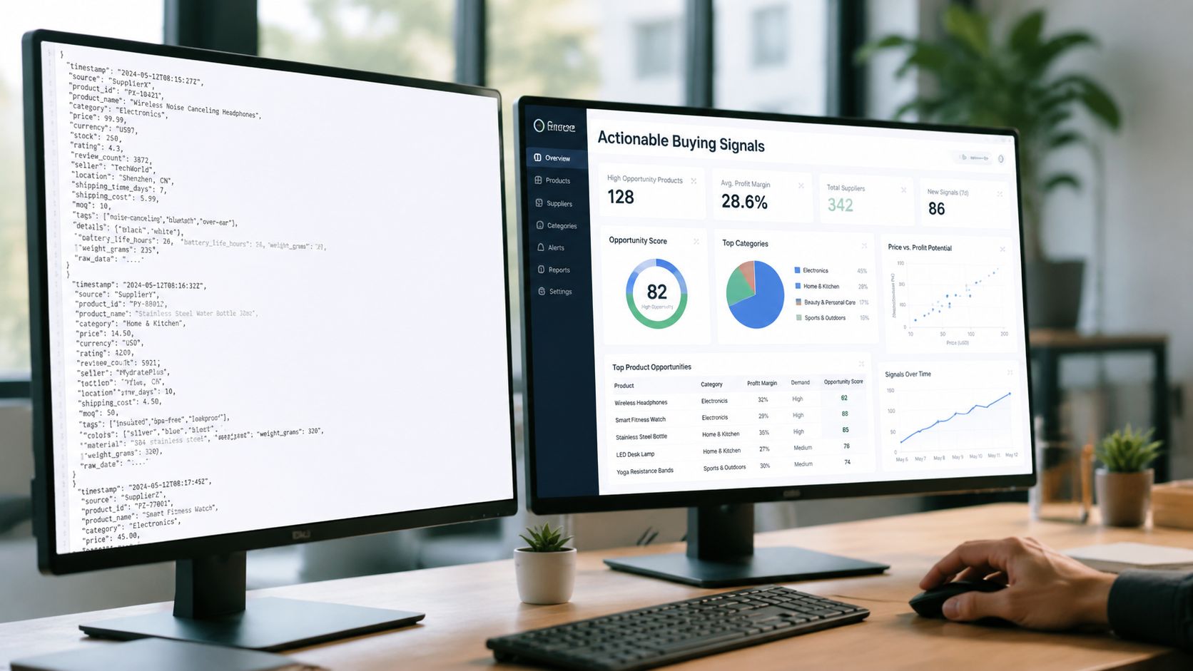 A dual monitor setup displaying a data analysis dashboard and source code on a modern office desk.