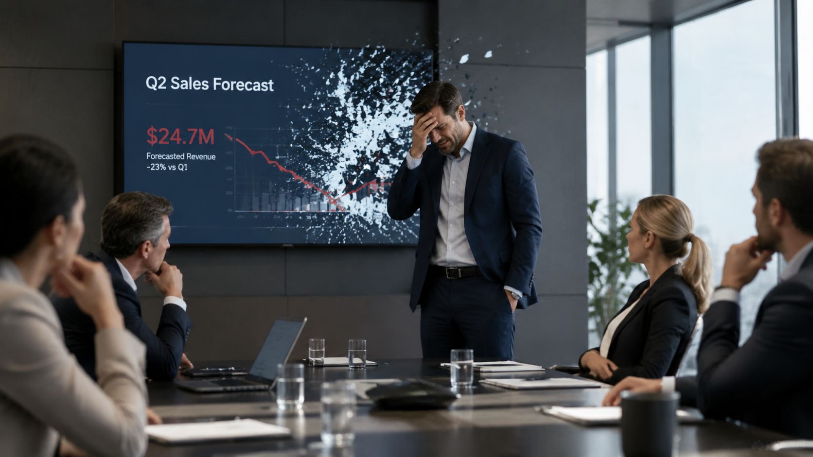 A distressed businessman presenting a declining sales forecast chart to a team in a professional meeting room.