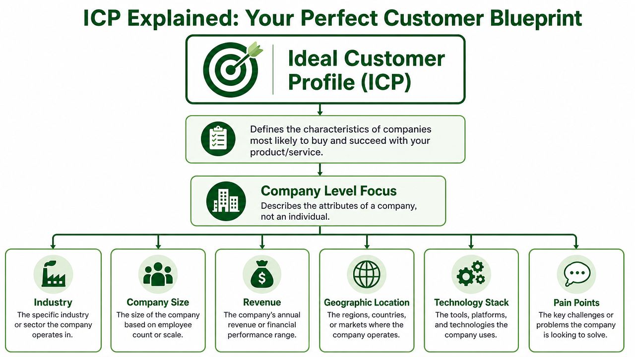 An infographic titled ICP Explained illustrating the components of an Ideal Customer Profile for businesses.