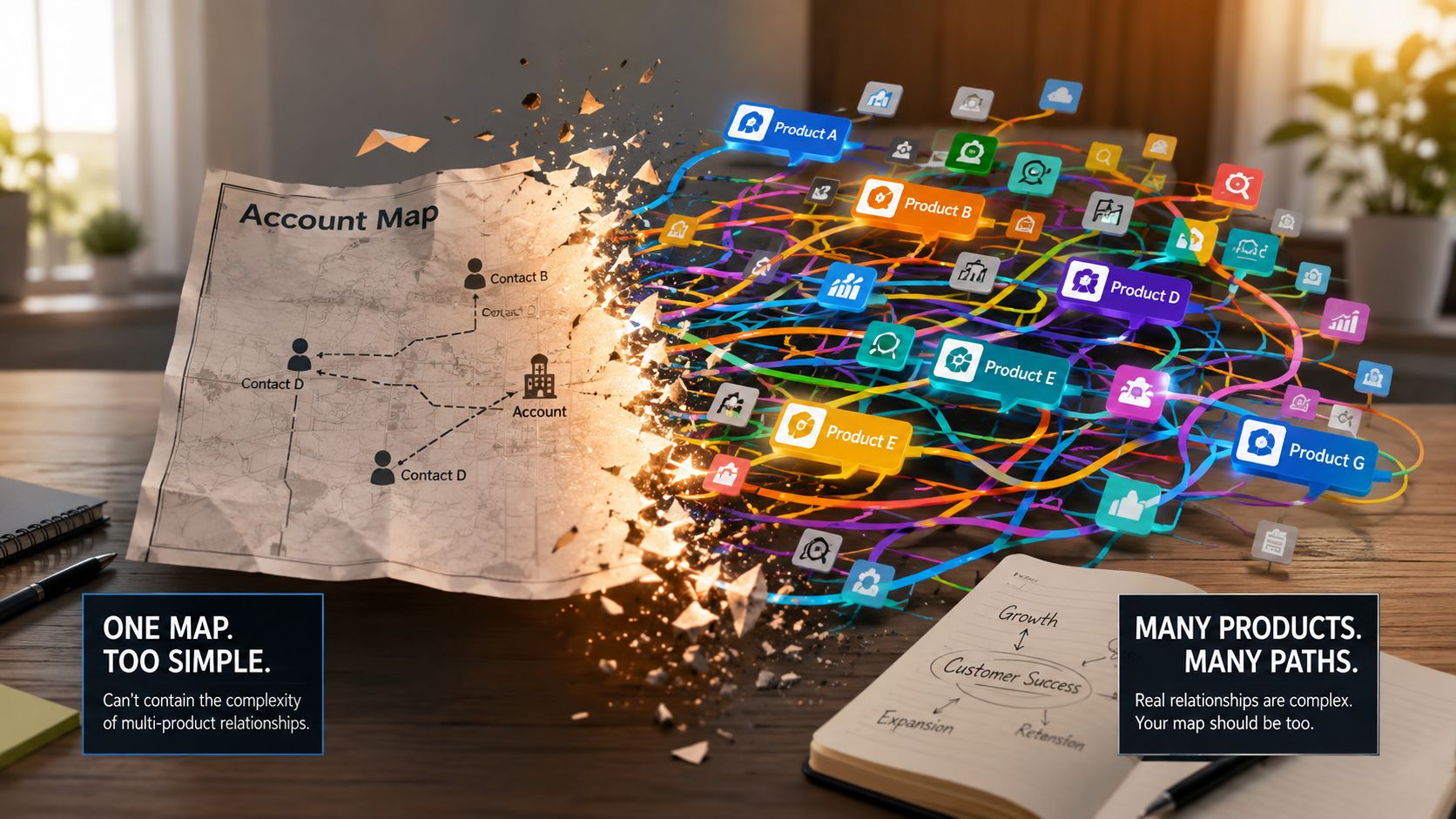 A conceptual graphic illustrating complex business account mapping versus simple traditional diagrams on a desk.