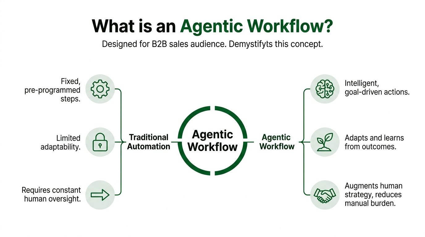 A comparison chart showing the differences between traditional automation and an intelligent agentic workflow for B2B sales.