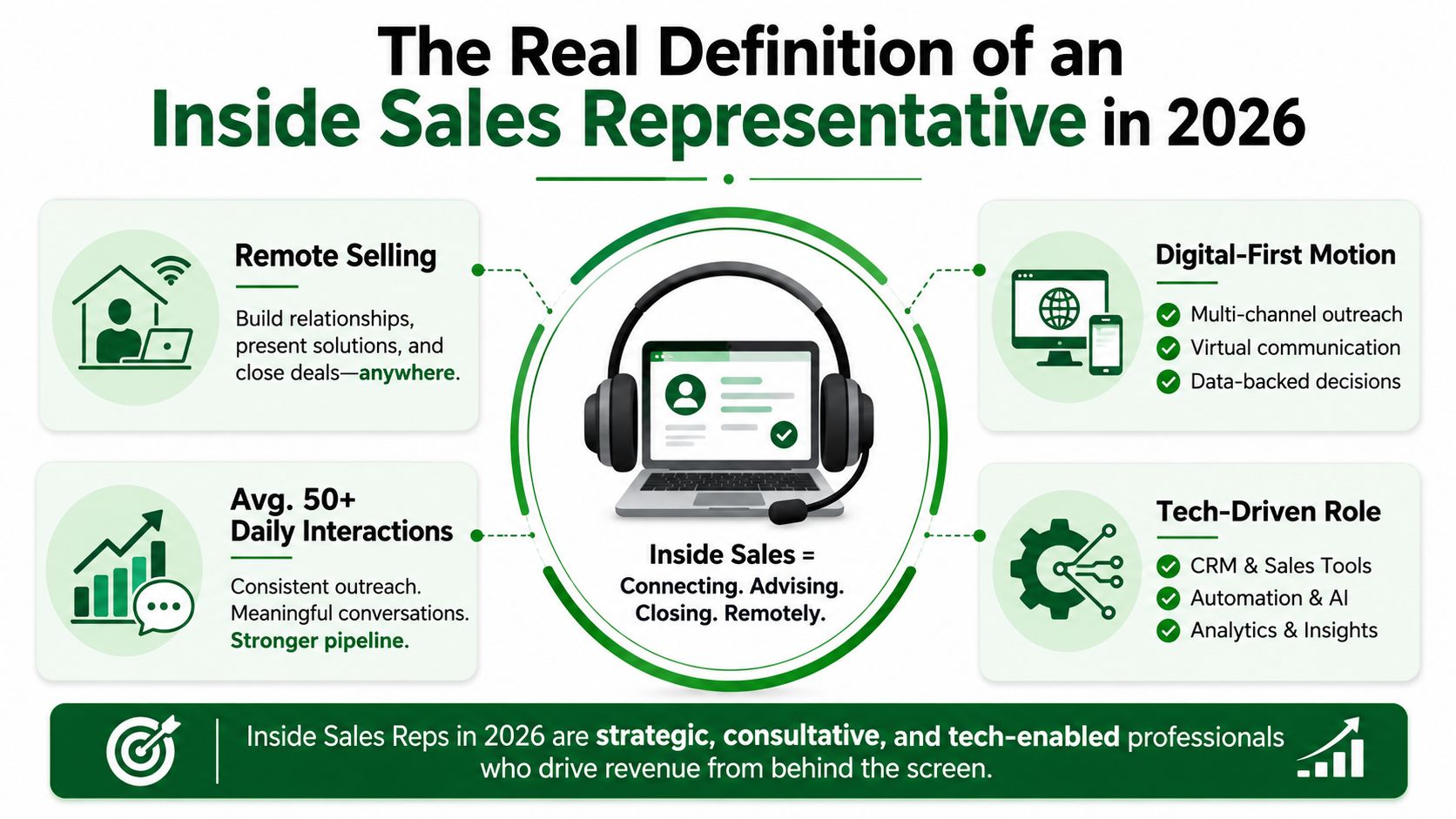 An infographic defining the role of an inside sales representative in 2026 as a remote, tech-driven professional.
