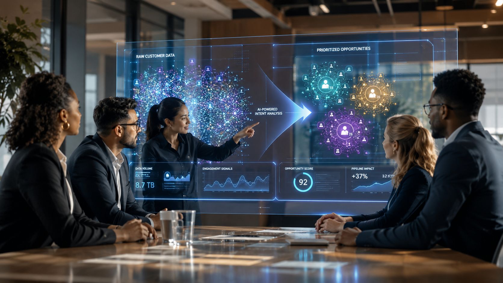 A professional business team viewing a digital holographic interface displaying AI-powered intent data analysis and insights.