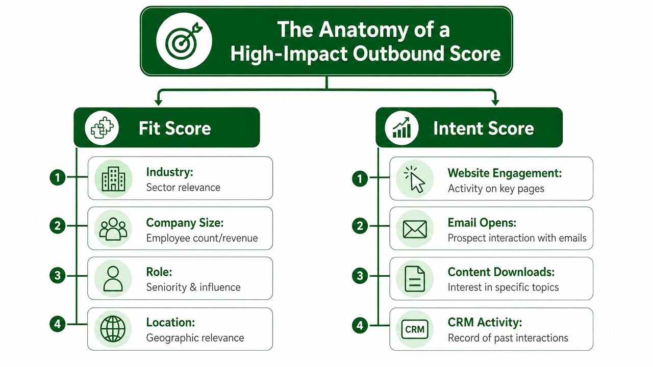 A diagram illustrating the two components of a high-impact outbound score: Fit Score and Intent Score.