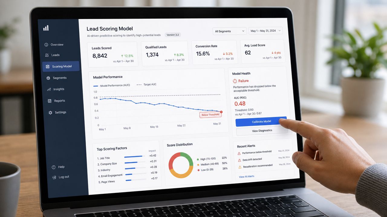 A hand interacting with a laptop screen displaying a lead scoring model dashboard showing performance failure metrics.