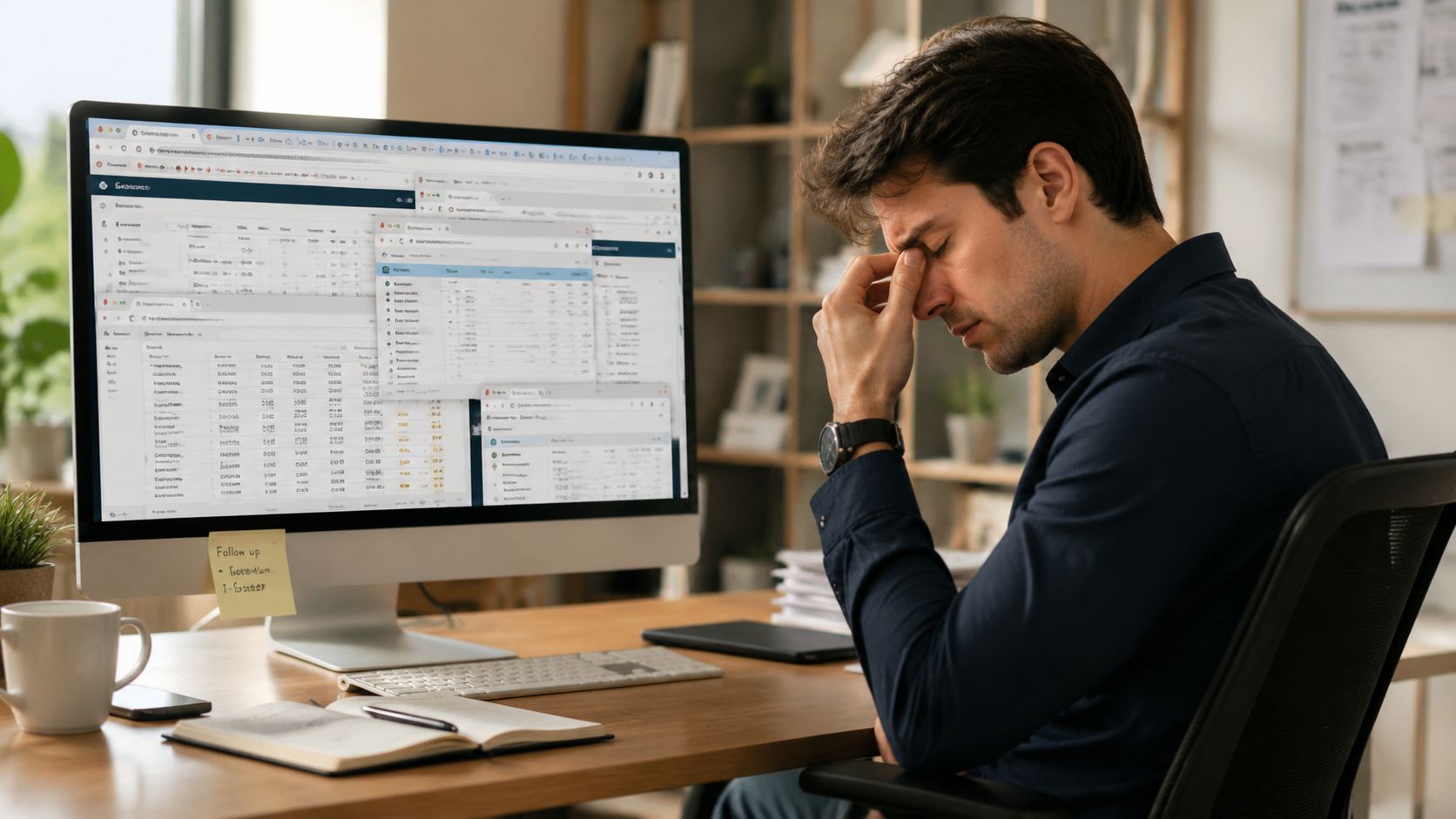 A tired, stressed professional sitting at a desk while staring at a computer screen filled with windows.