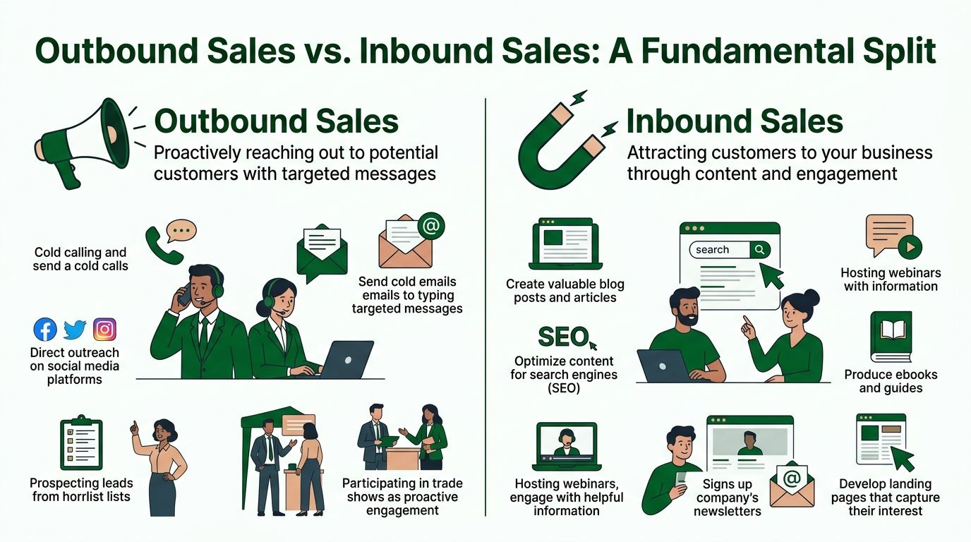 A comparison infographic showing the key differences between outbound sales and inbound sales methods for businesses.