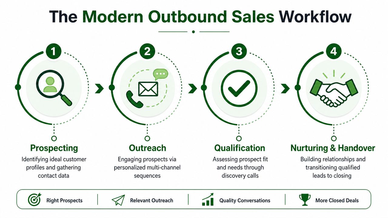 A diagram illustrating the four steps of the modern outbound sales workflow including prospecting, outreach, qualification, and handover.