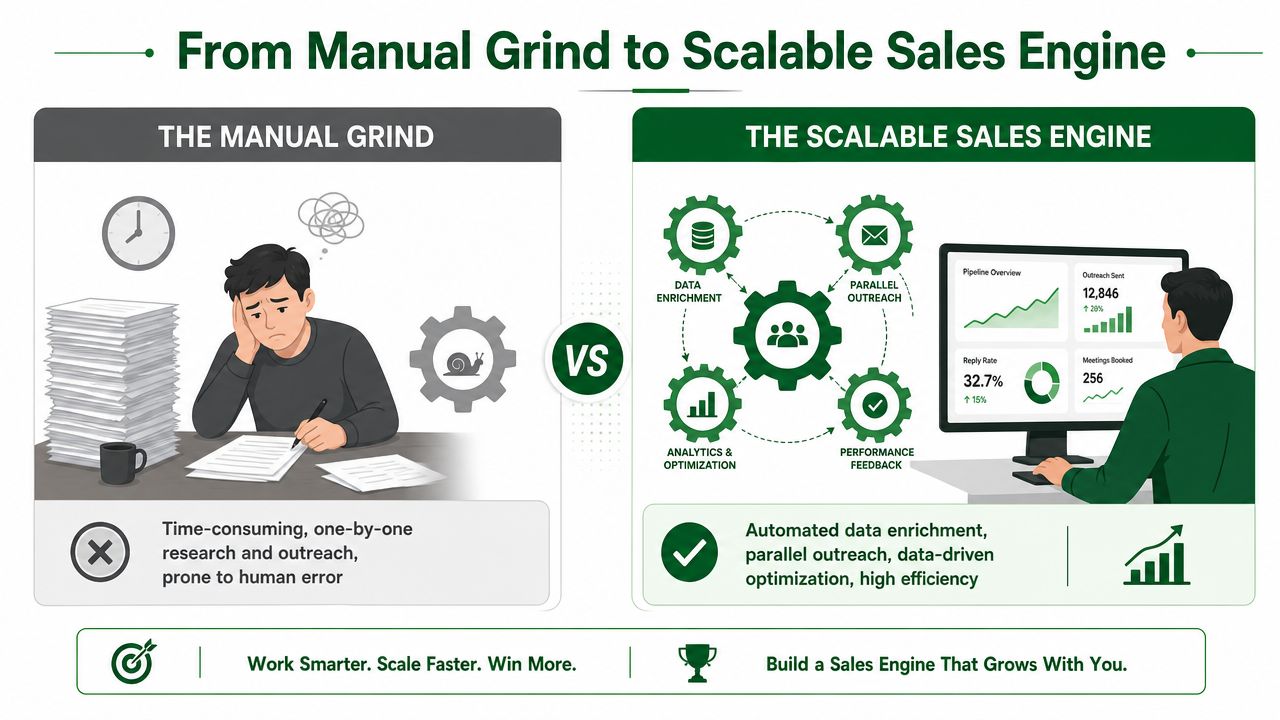 A comparison between manual, error-prone sales tasks and an efficient, automated scalable sales engine workflow.