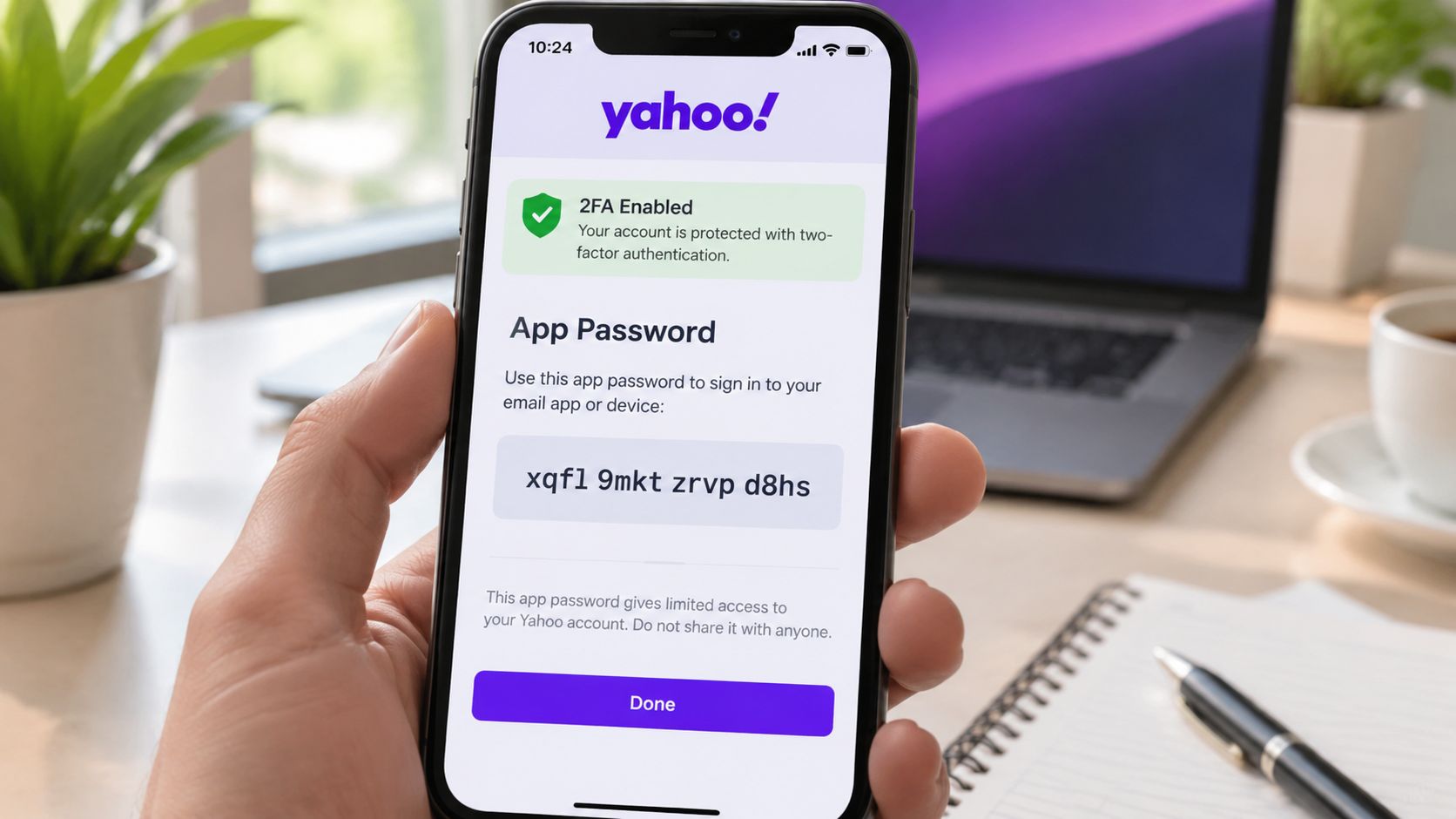 A person holding a smartphone displaying a generated Yahoo App Password for secure email account access.