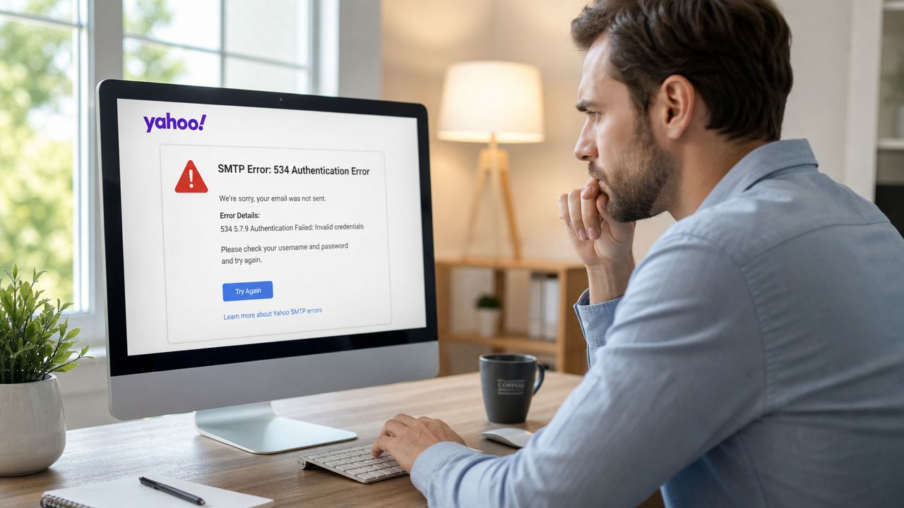 A man looking at a Yahoo email error message on a computer screen in a home office.